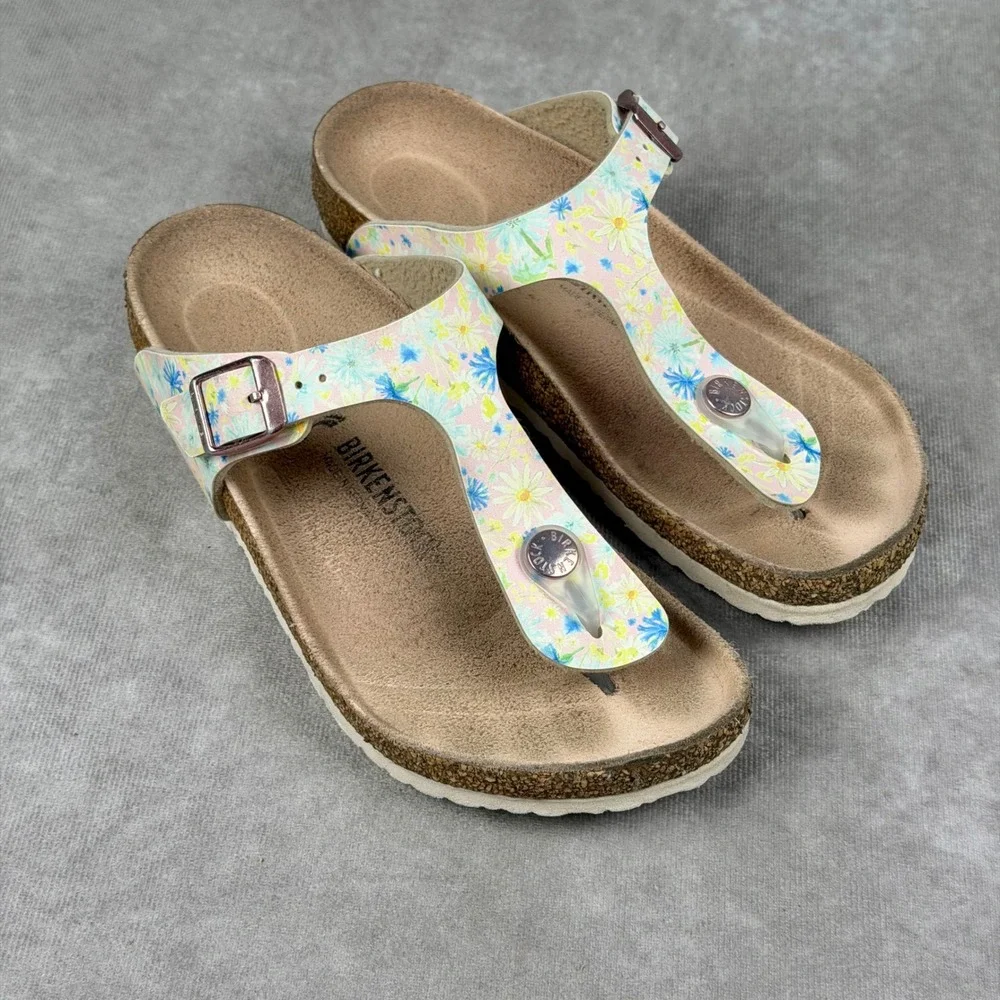 Birkenstock Kids Gizeh Pink Floral Print Sandals Cork Footbed Size 33 US Size 2